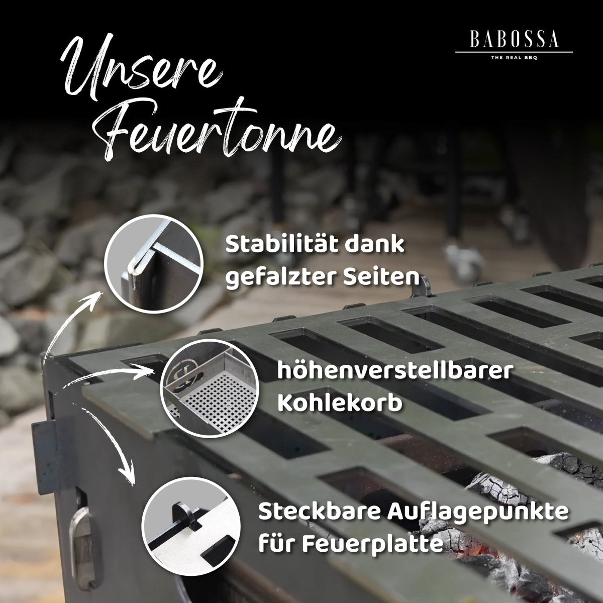 Feuertonne | Premium Cortenstahl | Steckbar | Höhenverstellbar | Hitzesteuerung - BABOSSAFeuertonne | Premium Cortenstahl | Steckbar | Höhenverstellbar | HitzesteuerungBABOSSABABOSSA