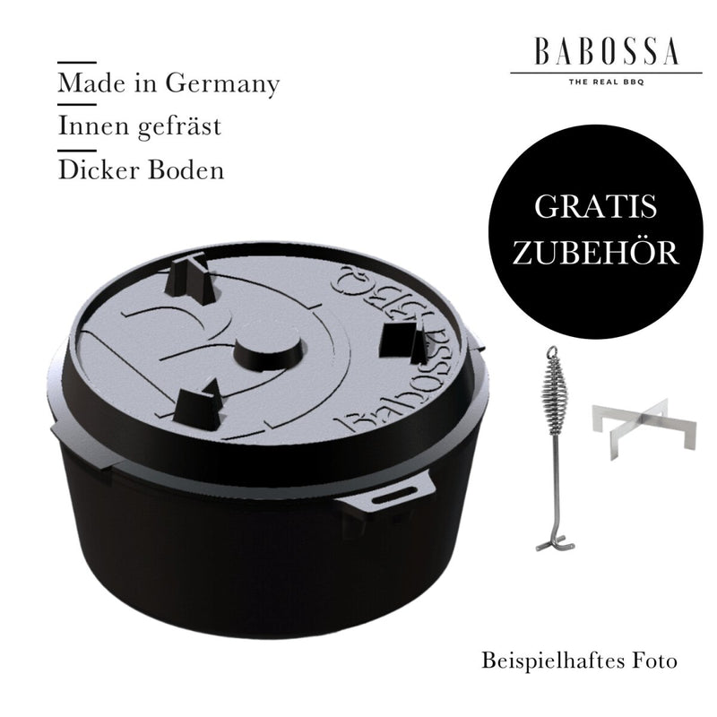 9er Innovativer Gusseiserner Topf | SET Deckelheber & Kreuz | Dutch Oven | Made In Germany - BABOSSA9er Innovativer Gusseiserner Topf | SET Deckelheber & Kreuz | Dutch Oven | Made In GermanyDutch OvenBABOSSABABOSSA