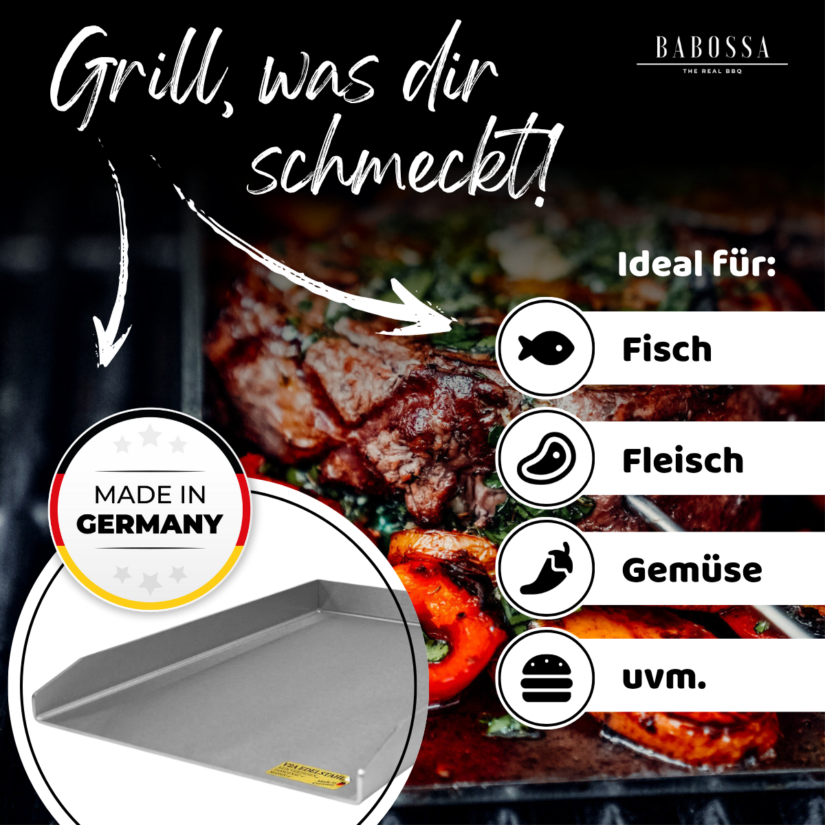 Plancha | Grillplatte | Edelstahl V2A | Burnhard Fred | 23,5x41,5 cm