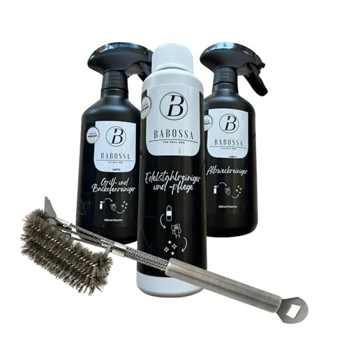 BABOSSA Grillreiniger Set 4 - teilig | Edelstahl Grillbürste + Grill - und Backofenreiniger [500ml] + Edelstahlreiniger [250ml] + Allzweckreiniger [500ml] | Effiziente Reinigung & Pflege für jeden Grill - BABOSSABABOSSA Grillreiniger Set 4 - teilig | Edelstahl Grillbürste + Grill - und Backofenreiniger [500ml] + Edelstahlreiniger [250ml] + Allzweckreiniger [500ml] | Effiziente Reinigung & Pflege für jeden GrillReinigerBABOSSABABOSSA