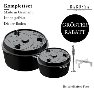 Komplettset 4.5er + 9er innovativer Gusseiserner Topf | SET Deckelheber & Kreuz | Dutch Oven | Made in Germany - BABOSSAKomplettset 4.5er + 9er innovativer Gusseiserner Topf | SET Deckelheber & Kreuz | Dutch Oven | Made in GermanyBABOSSABABOSSA