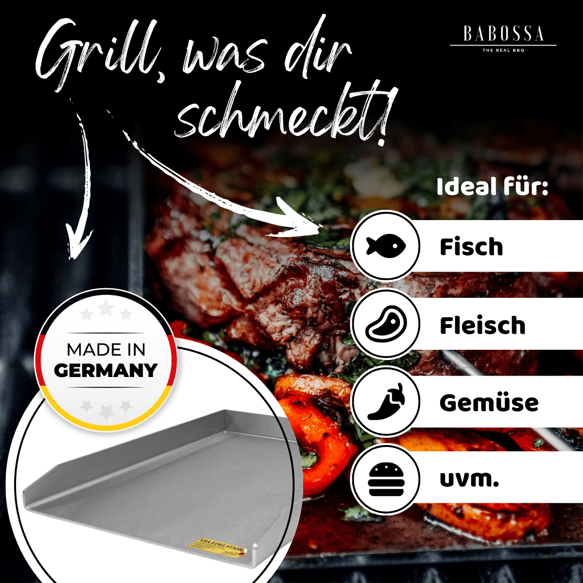 Plancha | Grillplatte | Edelstahl V2A | Burnhard Fred | 23,5x41,5 cm - BABOSSAPlancha | Grillplatte | Edelstahl V2A | Burnhard Fred | 23,5x41,5 cmPlanchaBurnhardBABOSSA